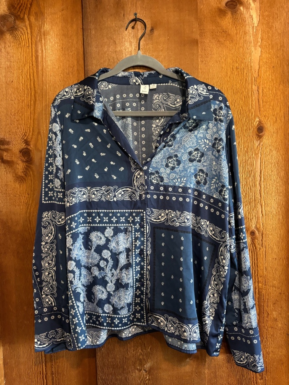 Joie Bandana Paisley Patchwork Satin Button Down Shirt Large Navy Blue Western